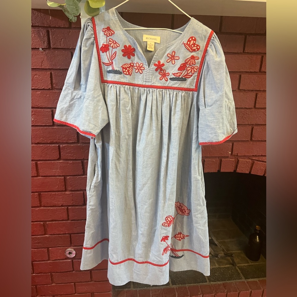 BECHAMEL Light Blue Dress with Red Floral Embroidery